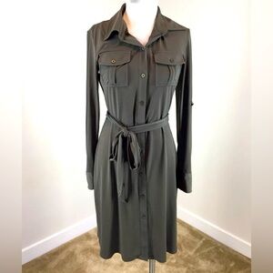Liz Claiborne Olive Green Utility Midi Shirt Dress - Long Sleeve Belted-Size 12